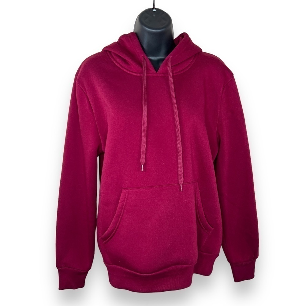 Large Burgundy Red Fleece Hoodie Long Sleeve Unik Pullover Athletic